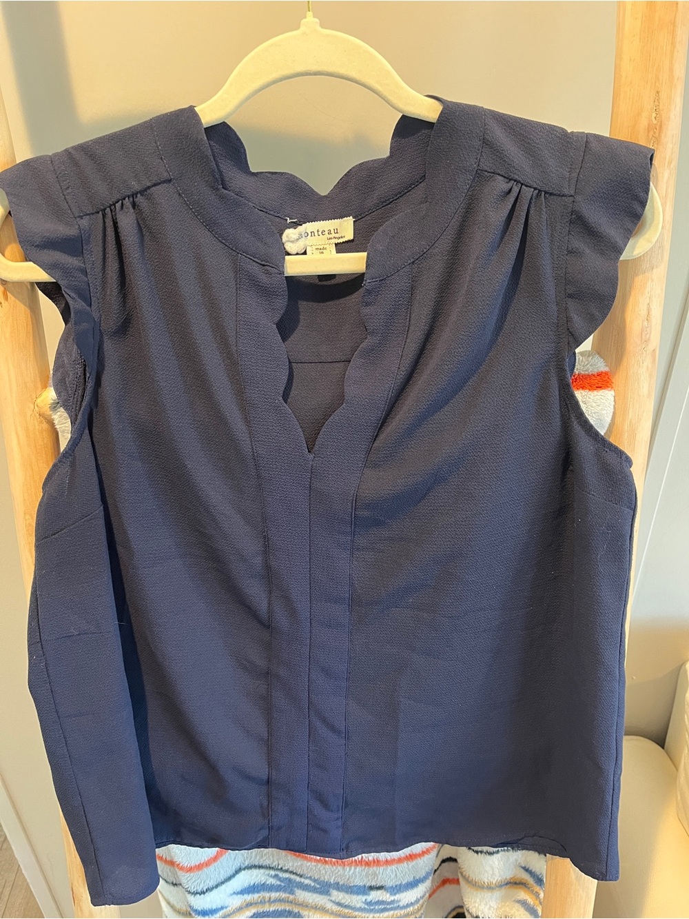 Monteau Navy Scalloped Neck Sleeveless Blouse
